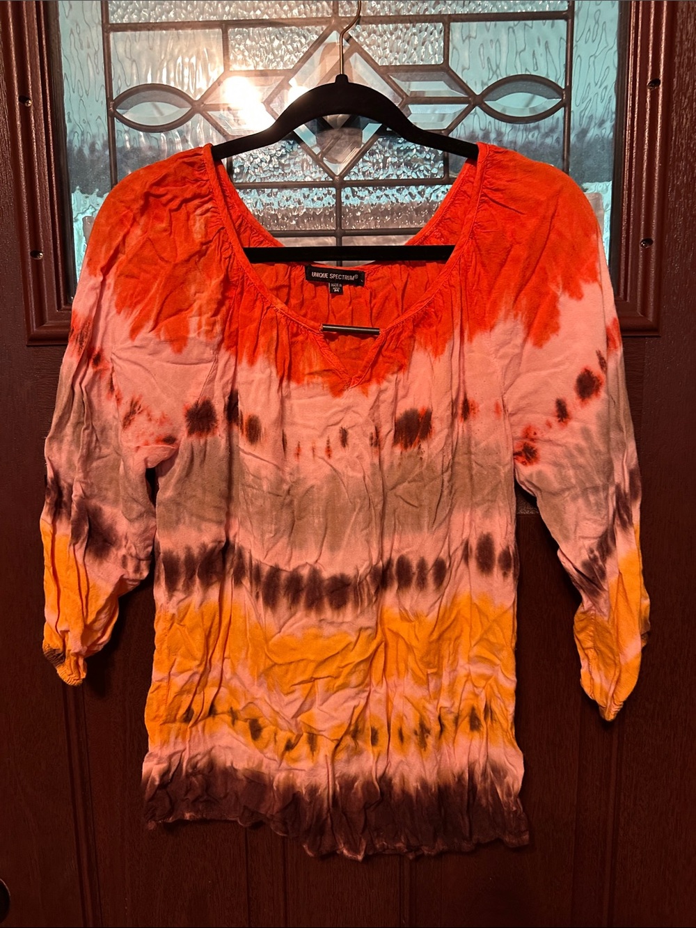 Unique Spectrum Women's Tie-Dye Peasant Top - Orange, Yellow, Brown